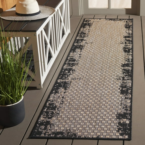 SAFAVIEH Beach House Teale Distressed Indoor/Outdoor Runner Rug, Black/Beige, 2' x 8'