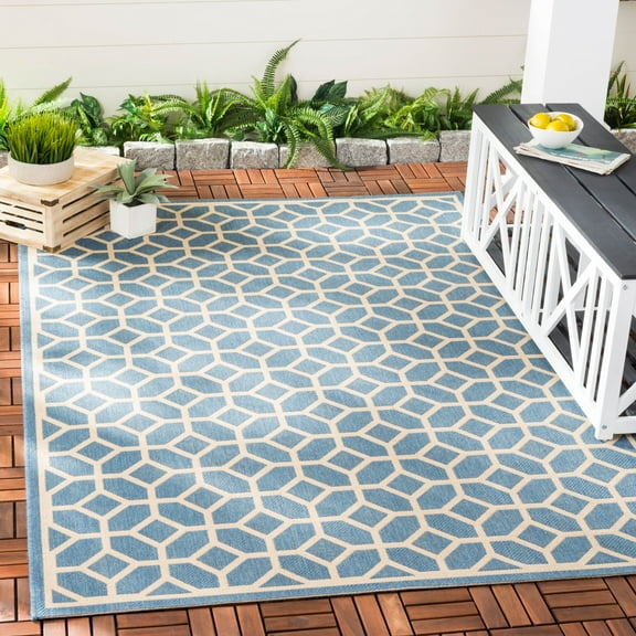 SAFAVIEH Beach House Theo Geometric Indoor/Outdoor Area Rug Blue/Cream, 5'3" x 7'6"