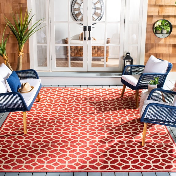 SAFAVIEH Beach House Theo Geometric Indoor/Outdoor Area Rug Red/Cream, 3' x 5'