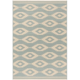 SAFAVIEH Beach House Vasiliki Geometric Indoor/Outdoor Area Rug, Cream/Aqua, 5'3" x 7'6"
