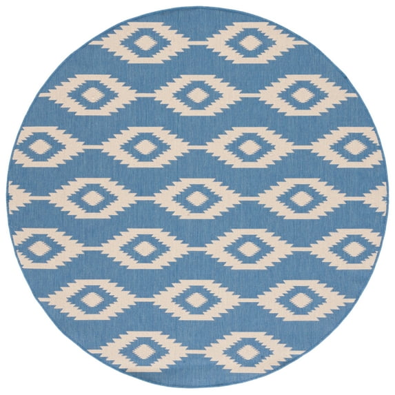 SAFAVIEH Beach House Vasiliki Geometric Indoor/Outdoor Area Rug, Cream/Blue, 6'7" x 6'7" Round
