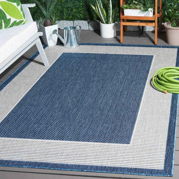 SAFAVIEH Beach House Wasif Bordered Indoor/Outdoor Area Rug, Blue/Ivory, 5'3" x 7'6"