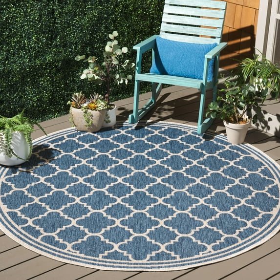 SAFAVIEH Beach House Wendy Geometric Indoor/Outdoor Area Rug, Blue/Ivory, 6'7" x 6'7" Round