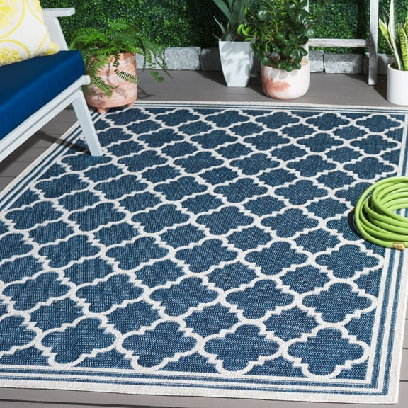 SAFAVIEH Beach House Wendy Geometric Indoor/Outdoor Area Rug, Blue/Ivory, 6'7" x 6'7" Square