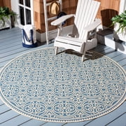 SAFAVIEH Beach House Wyon Medallion Indoor/Outdoor Area Rug Cream/Blue, 6'7" x 6'7" Round