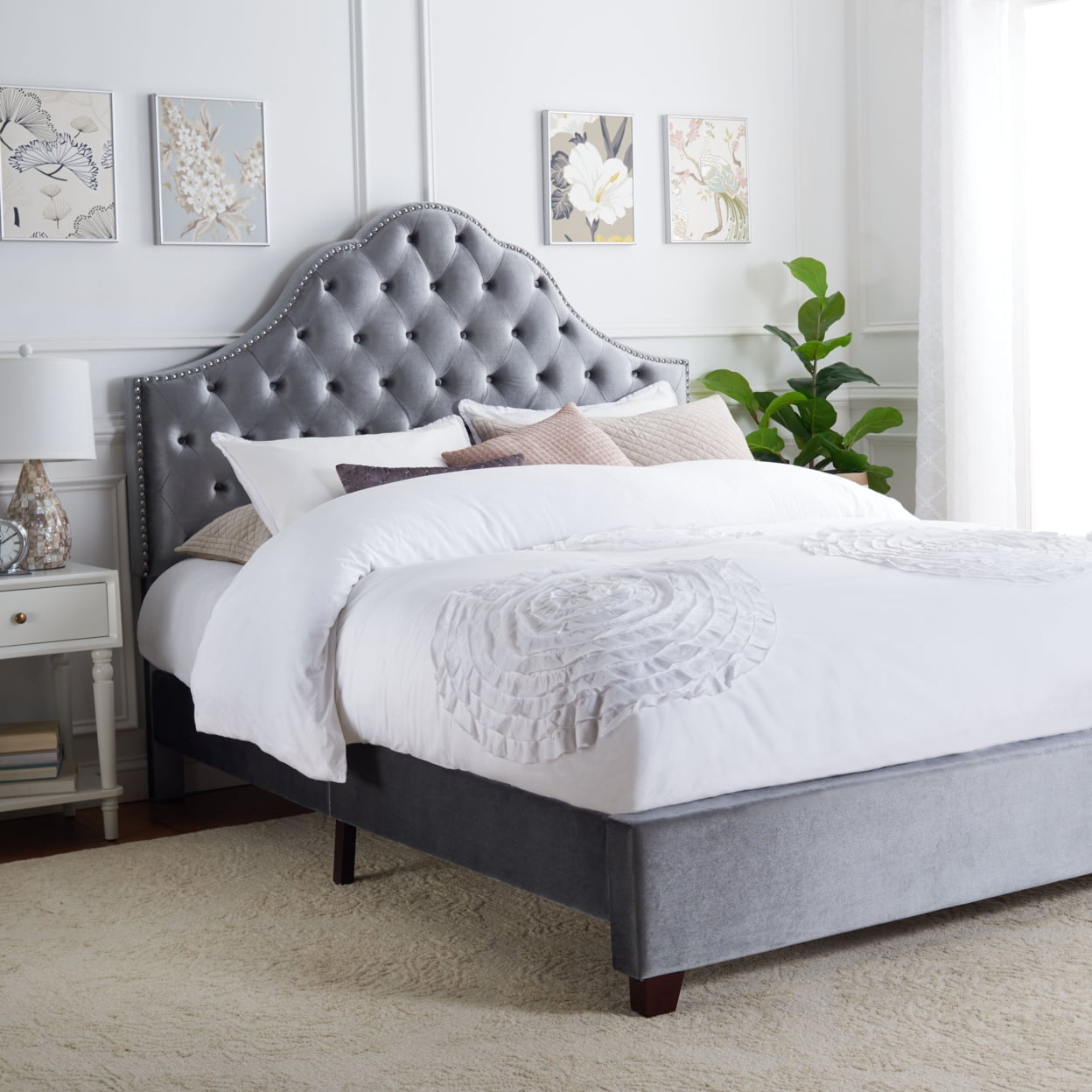 SAFAVIEH Beckham Traditional Tufted Bed, Light Grey