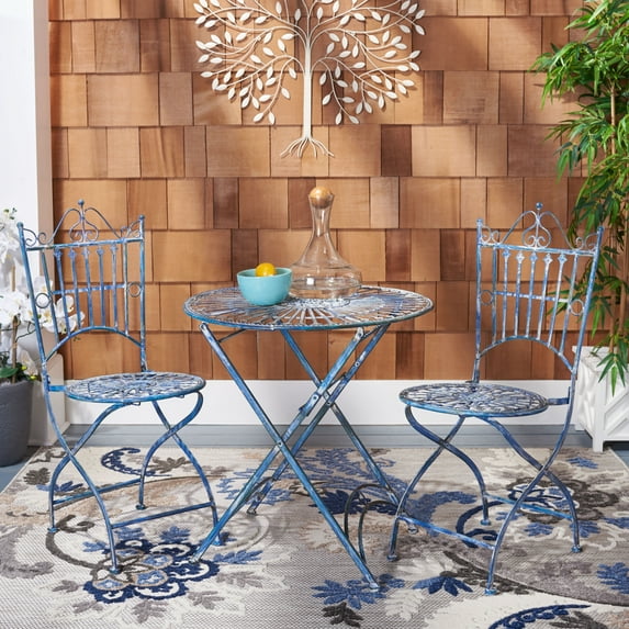 SAFAVIEH Belen Outdoor Patio 3 Piece Bistro Set, Antique Blue