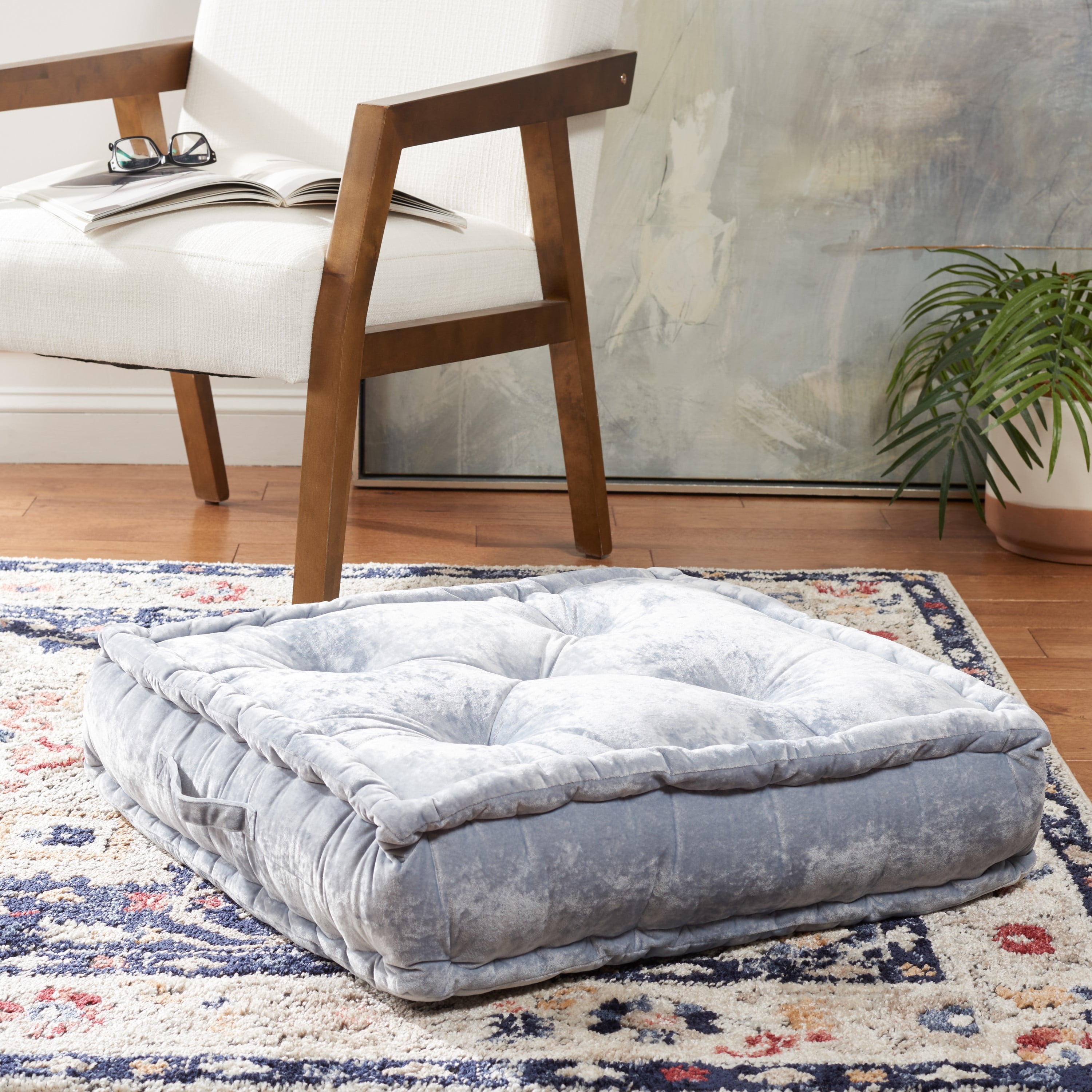 Gray Velvet Square Floor Pillow with Handle