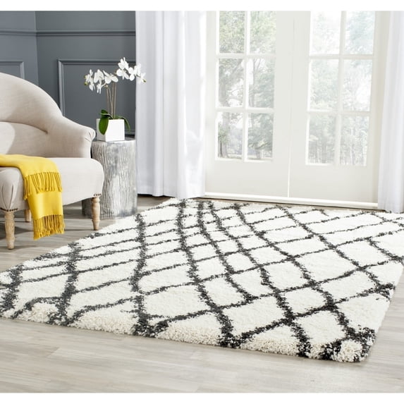 SAFAVIEH Belize Katriona Abstract Plush Shag Runner Rug, Ivory/Charcoal, 2'3" x 11'
