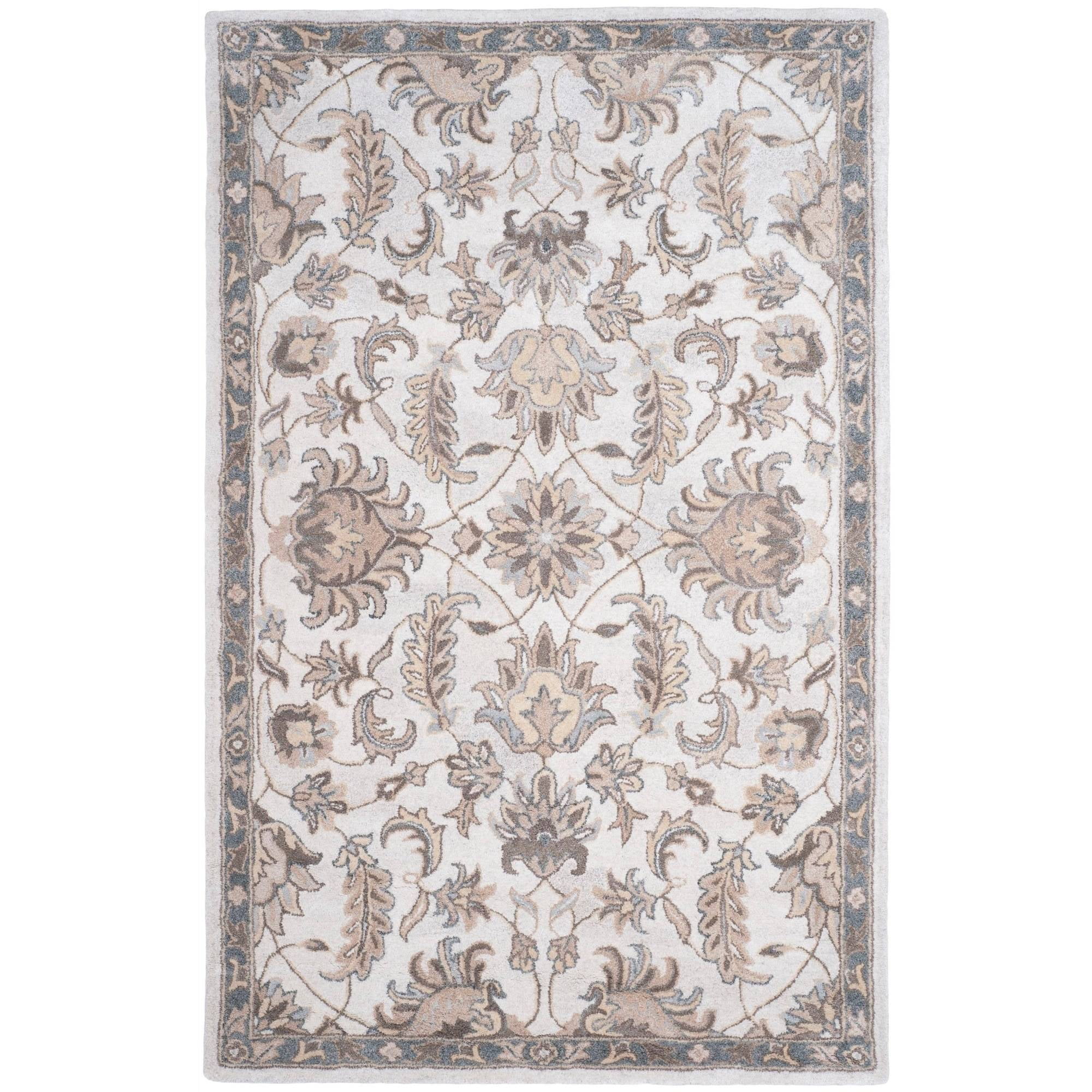 Ivory and Light Grey Floral Hand-Tufted Wool 4' x 6' Area Rug