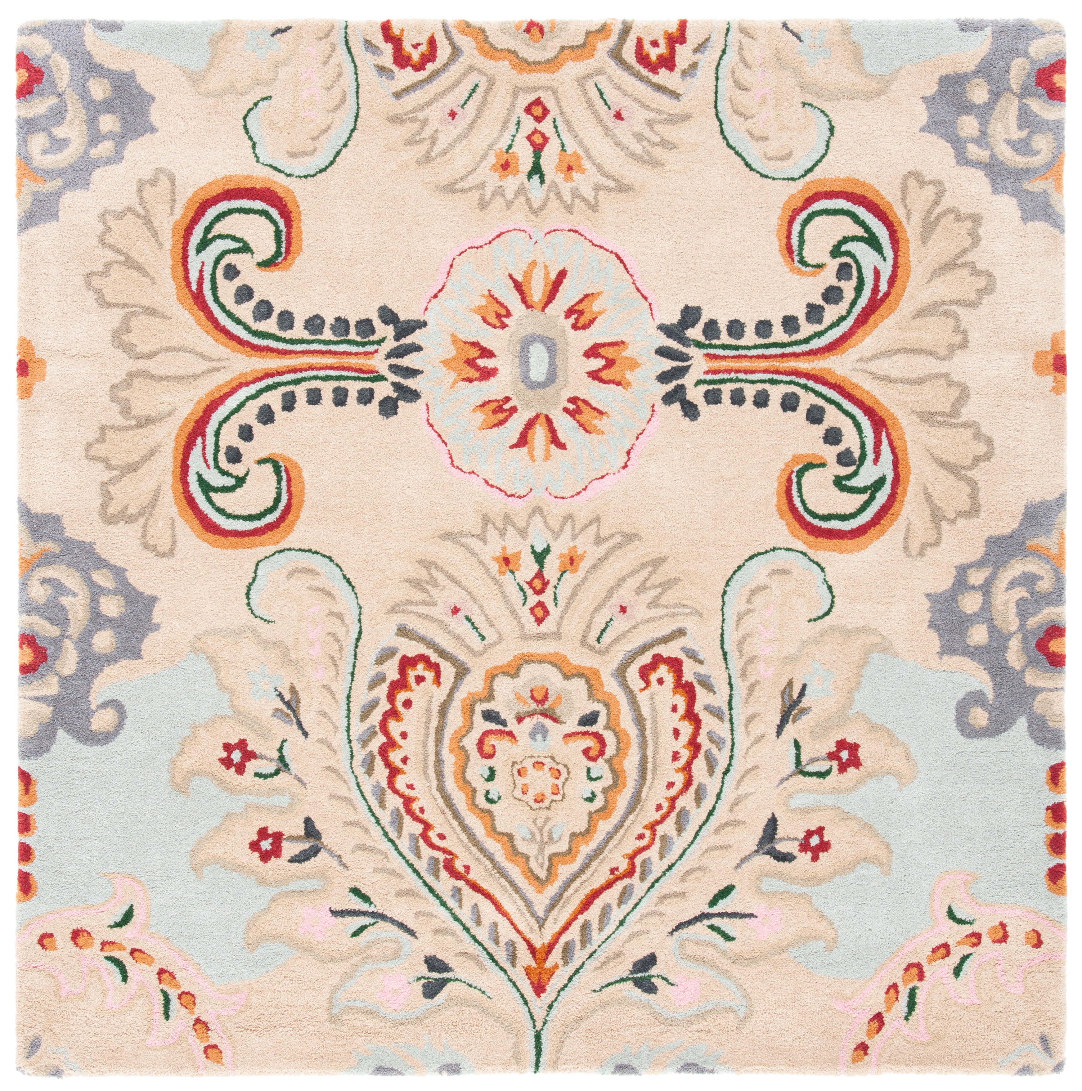 Handmade Beige and Blue Wool Tufted Square Rug