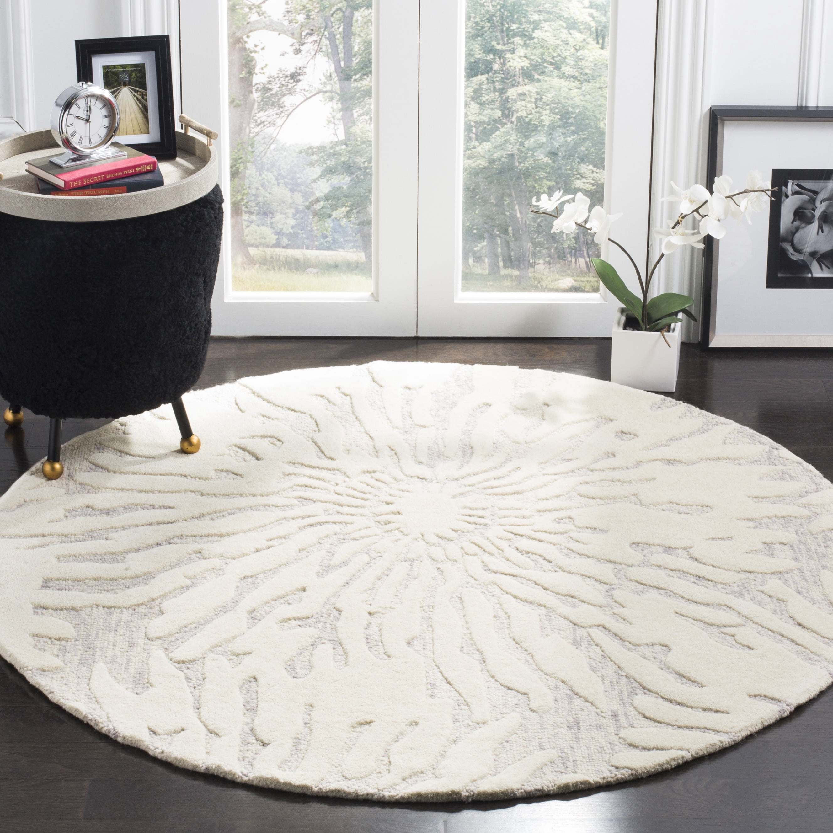 SAFAVIEH Bella Goran Abstract Bursting High-Low Wool Area Rug, Silver/Ivory, 5' x 5' Round