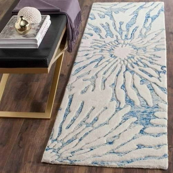 SAFAVIEH Bella Goran Abstract Bursting High-Low Wool Runner Rug, Dark Blue/Ivory, 2'3" x 7'