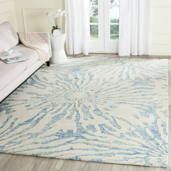 SAFAVIEH Bella Goran Abstract Bursting High-Low Wool Area Rug, Dark Blue/Ivory, 8' x 10'