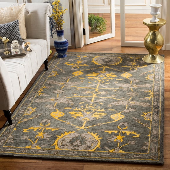 SAFAVIEH Bella Jackie Traditional Damask Wool Area Rug, Blue Grey/Gold, 5' x 8'