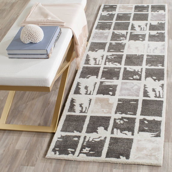 SAFAVIEH Bella Kalina Checkered Abstract Wool Runner Rug, Dark Grey/Ivory, 2'3" x 7'