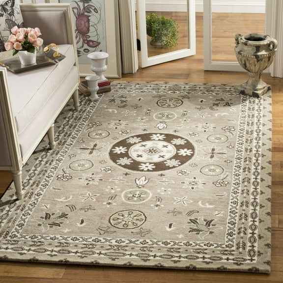 SAFAVIEH Bella Leah Medallion Traditional Wool Area Rug, Taupe/Light Grey, 5' x 5' Square