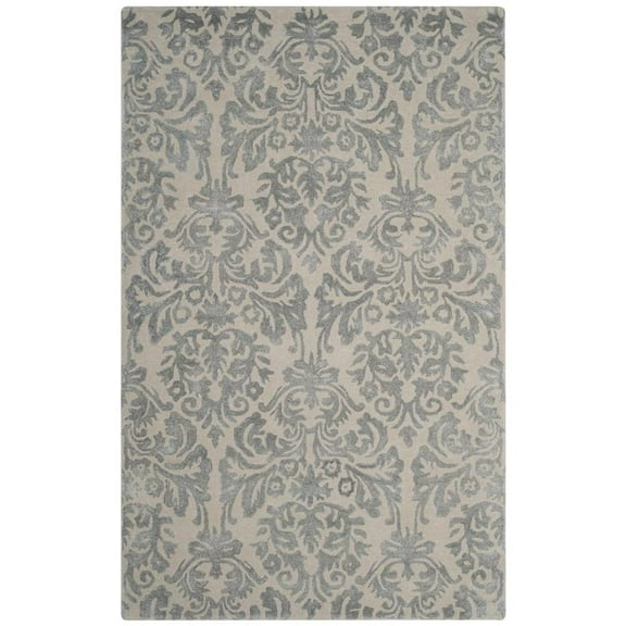 SAFAVIEH Bella Leann Damask Distressed Wool Area Rug, Ivory/Silver, 5' x 8'
