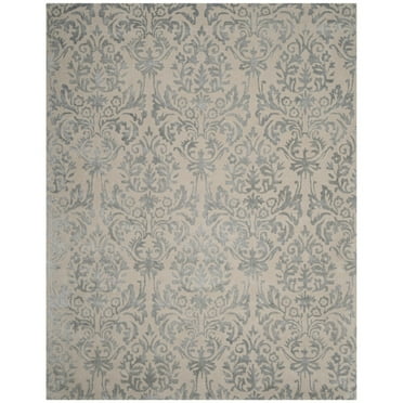SAFAVIEH Bella Leann Damask Distressed Wool Area Rug, Ivory/Silver, 5' x 8'