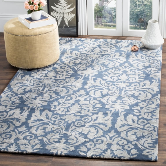 SAFAVIEH Bella Leann Damask Distressed Wool Area Rug, Navy/Grey, 5' x 8'