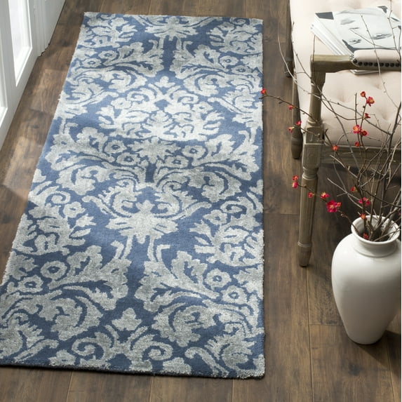 SAFAVIEH Bella Leann Damask Distressed Wool Runner Rug, Navy/Grey, 2'3" x 7'