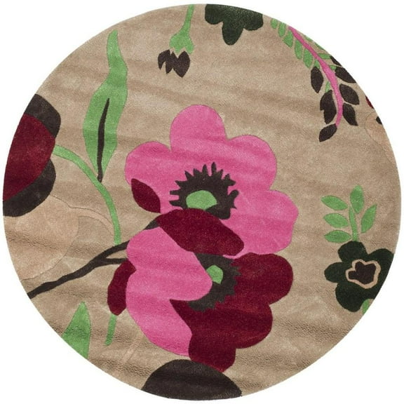 SAFAVIEH Bella Lolicia Floral Flowers Wool Area Rug, Sand/Multi, 5' x 5' Round