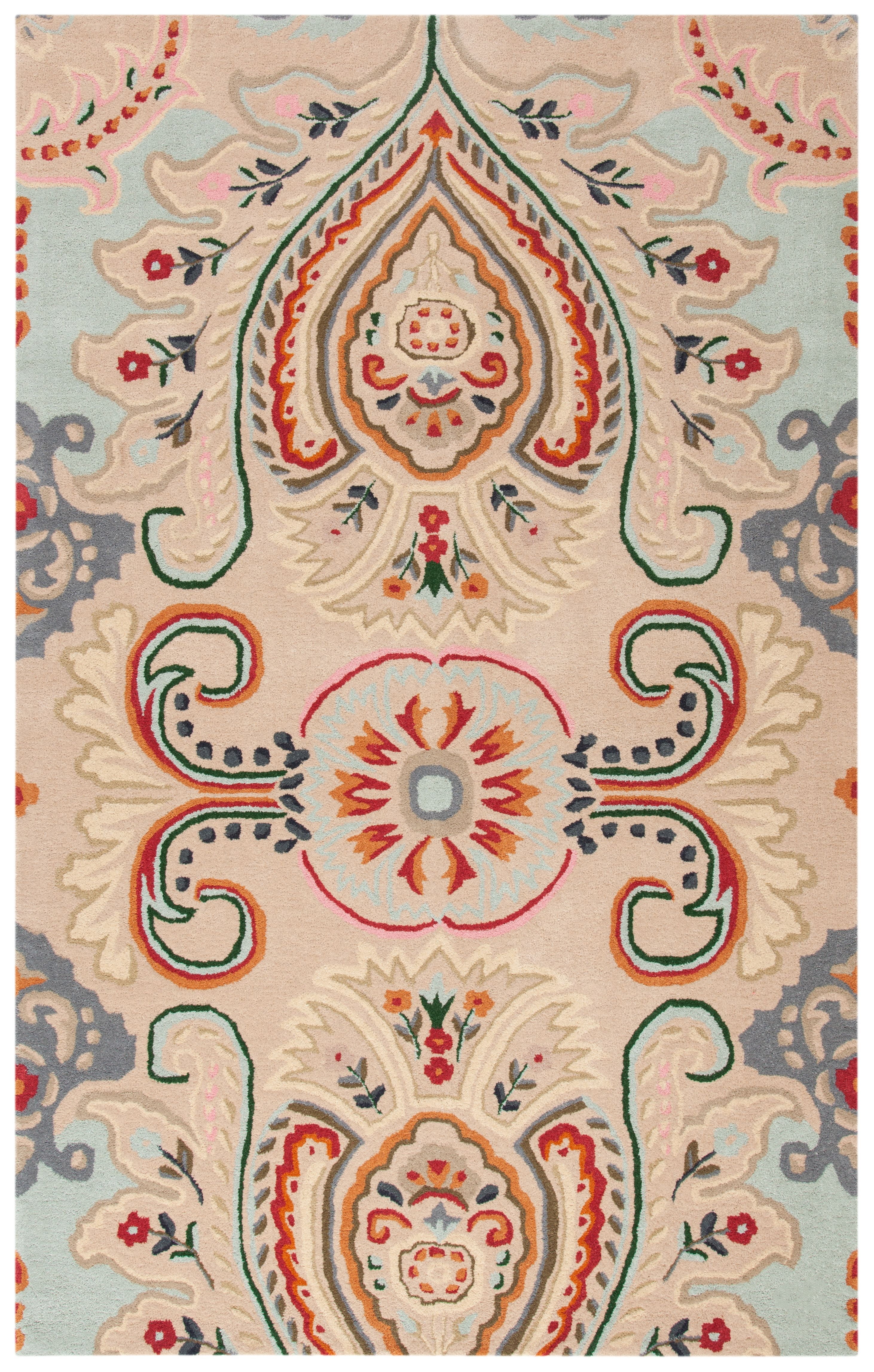 Hand-Tufted Blue and Beige Wool Floral Area Rug, 5' x 8'