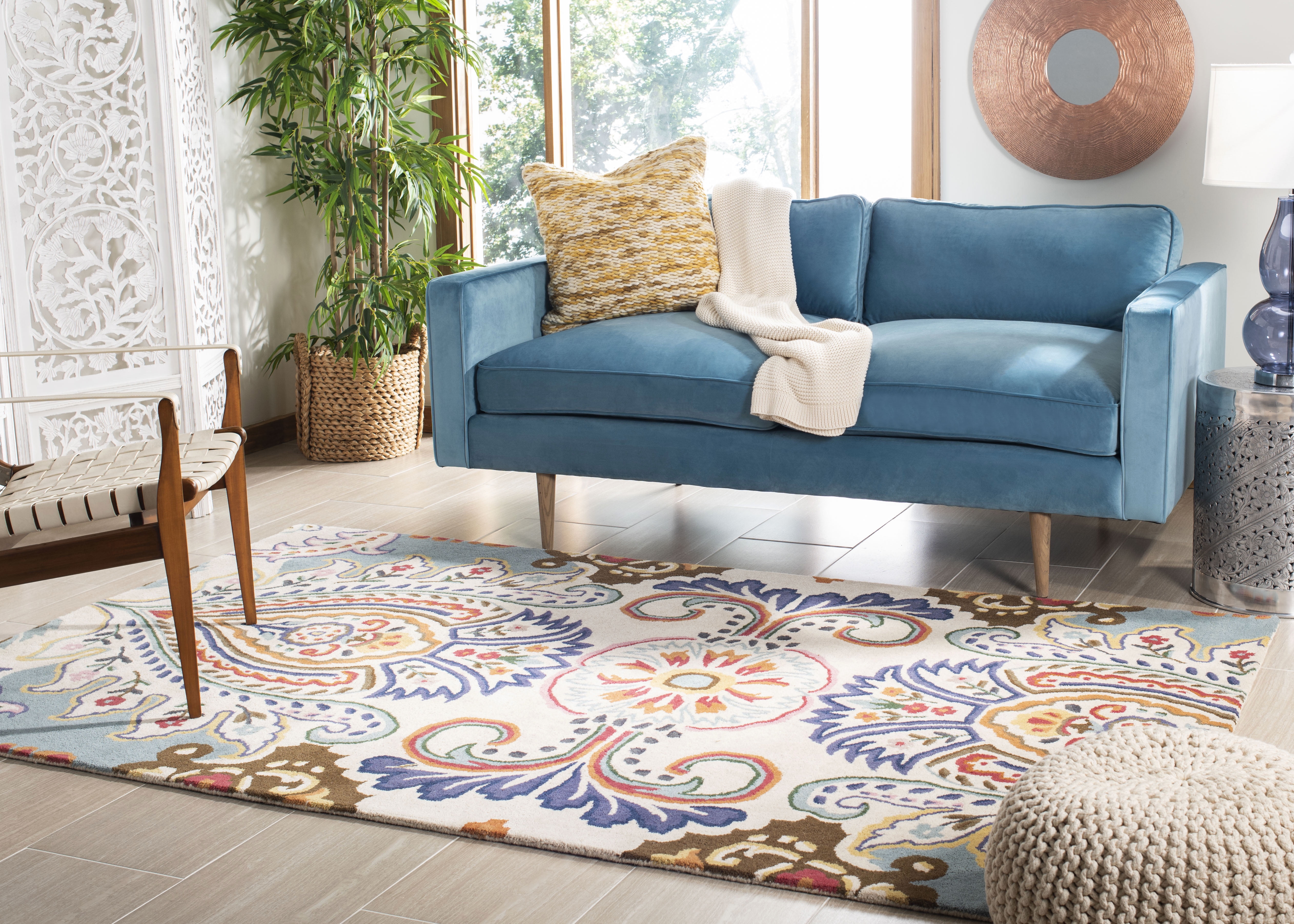 Ivory and Blue Hand-Tufted Wool Floral Area Rug