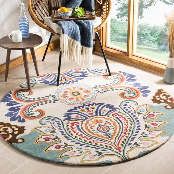 SAFAVIEH Bella Meriel Floral Paisley Wool Area Rug, Ivory/Blue, 7' x 7' Round
