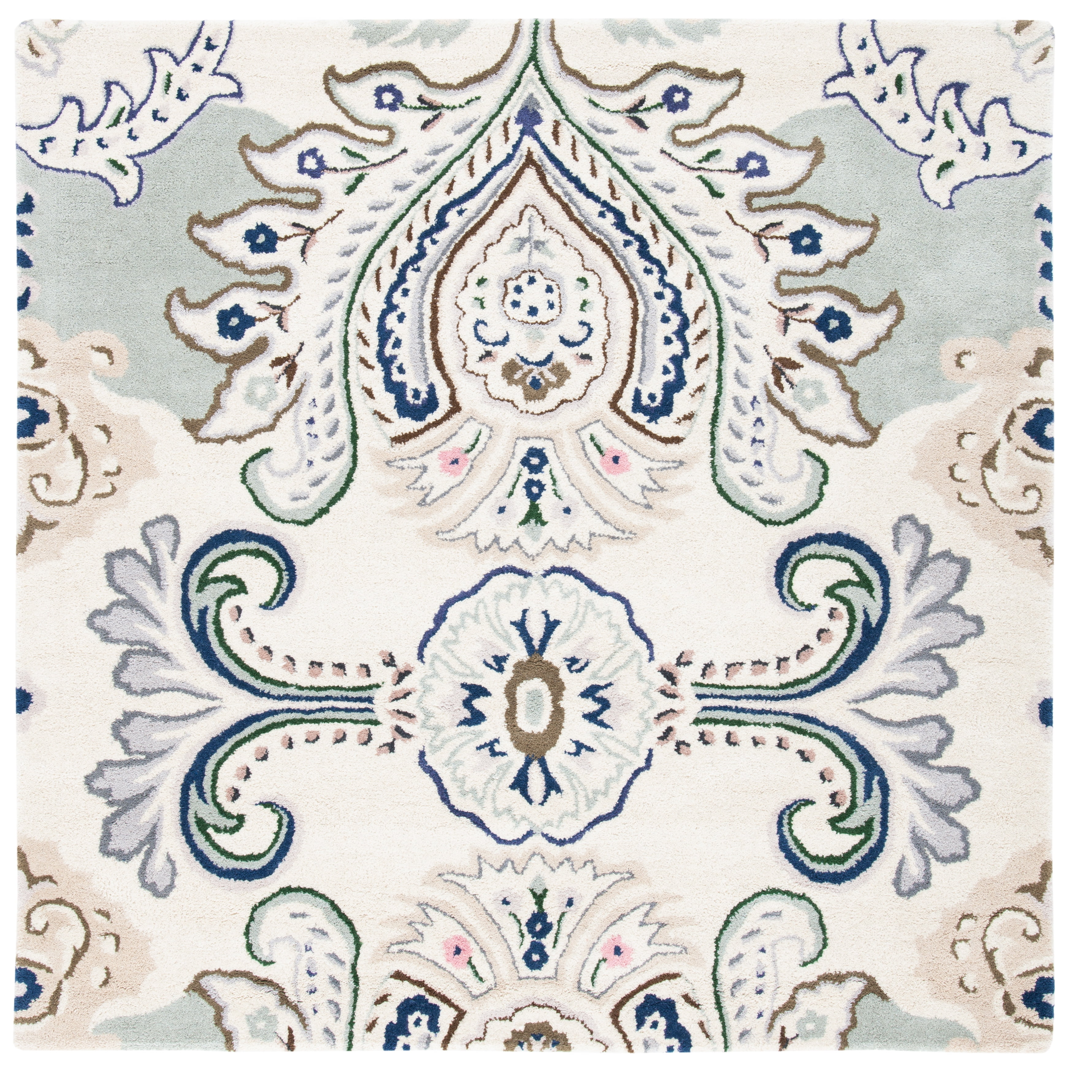 Hand-Tufted Ivory and Blue Wool Square Area Rug