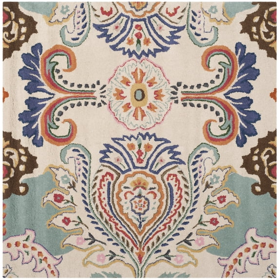 SAFAVIEH Bella Meriel Southwestern Wool Area Rug, Ivory/Teal, 7' x 7' Square