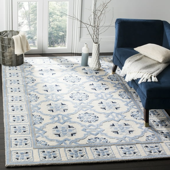 SAFAVIEH Bella Noelle Bordered Area Rug, Ivory/Blue, 7' x 7' Square