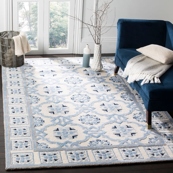 SAFAVIEH Bella Noelle Geometric Bordered Wool Area Rug, Ivory/Blue, 8' x 10'