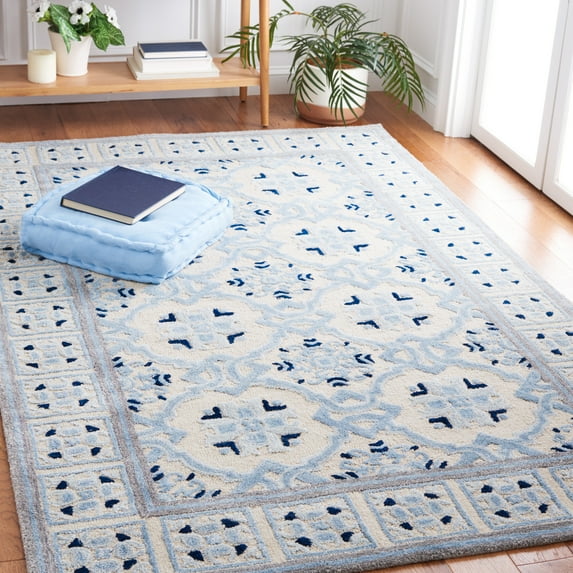 SAFAVIEH Bella Noelle Geometric Bordered Wool Area Rug, Ivory/Blue, 4' x 6'