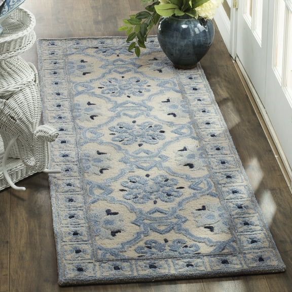 SAFAVIEH Bella Noelle Geometric Bordered Wool Runner Rug, Ivory/Blue, 2'3" x 7'