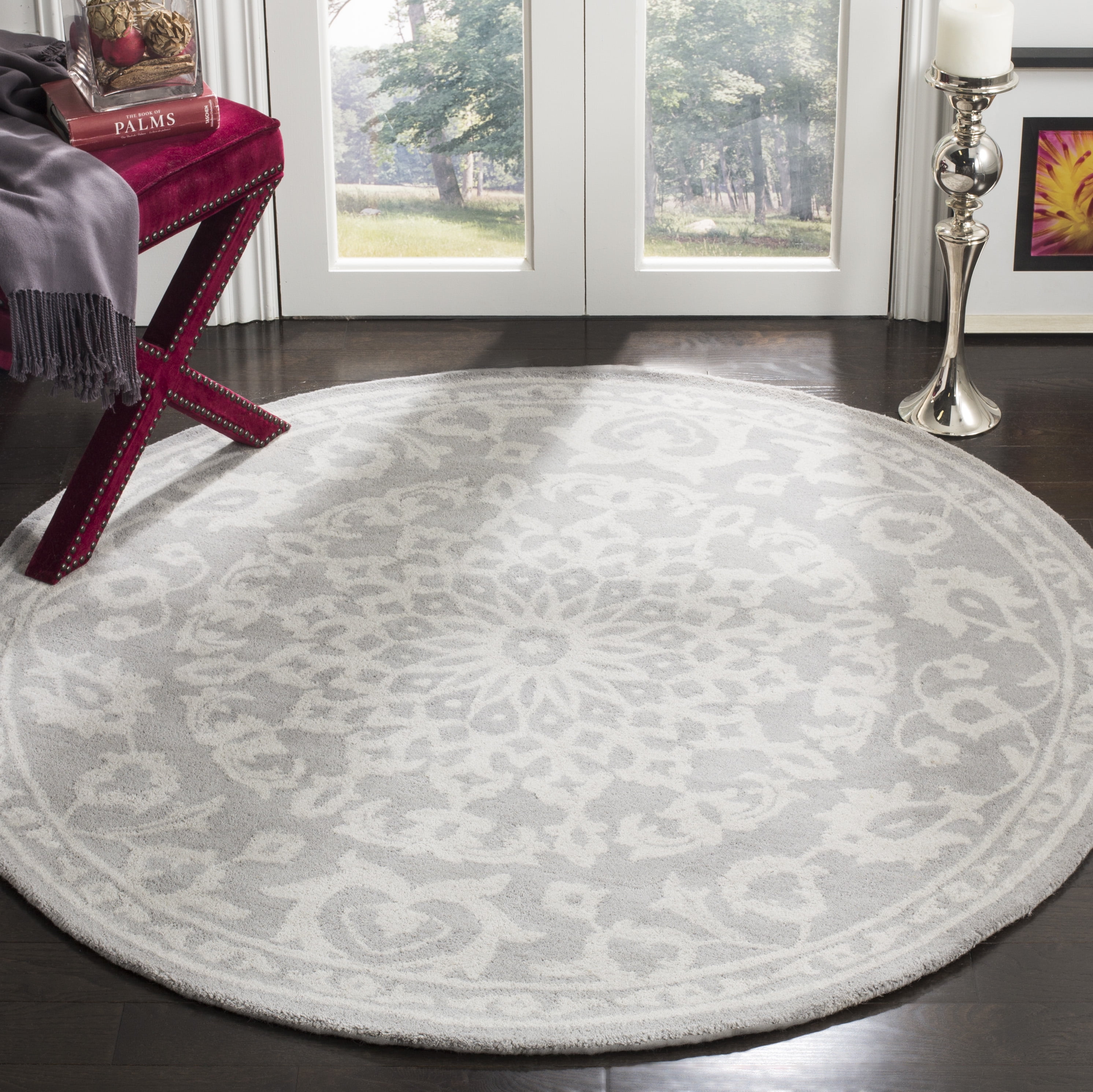 SAFAVIEH Bella Oliver Floral Wool Area Rug, Grey/Silver, 3' x 3' Round