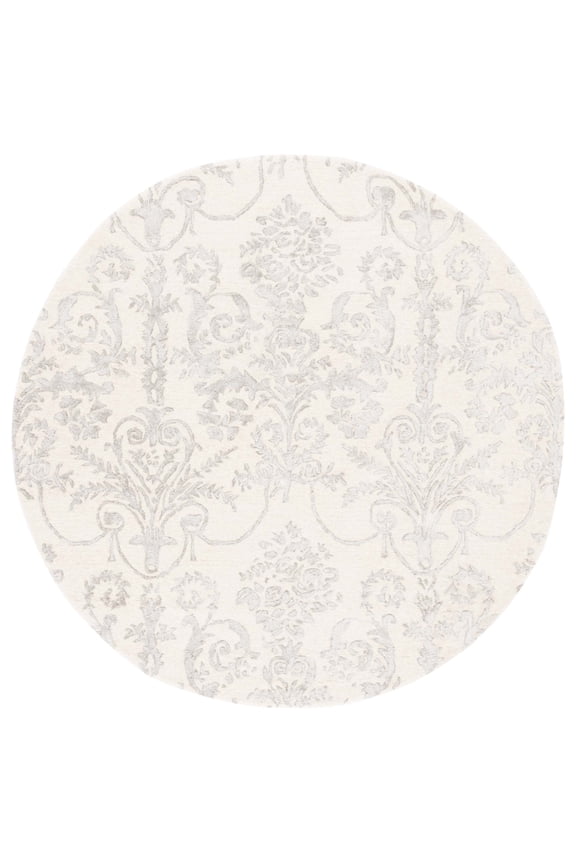 Bella Paula Damask Area Rug, Ivory/Grey, 3' x 3' Round