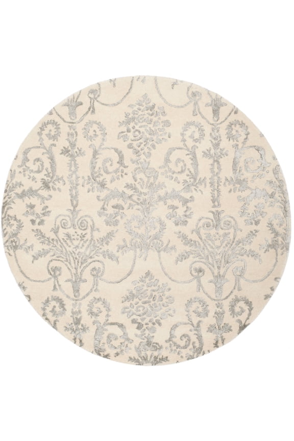 Bella Paula Damask Area Rug, Ivory/Grey, 5' x 5' Round