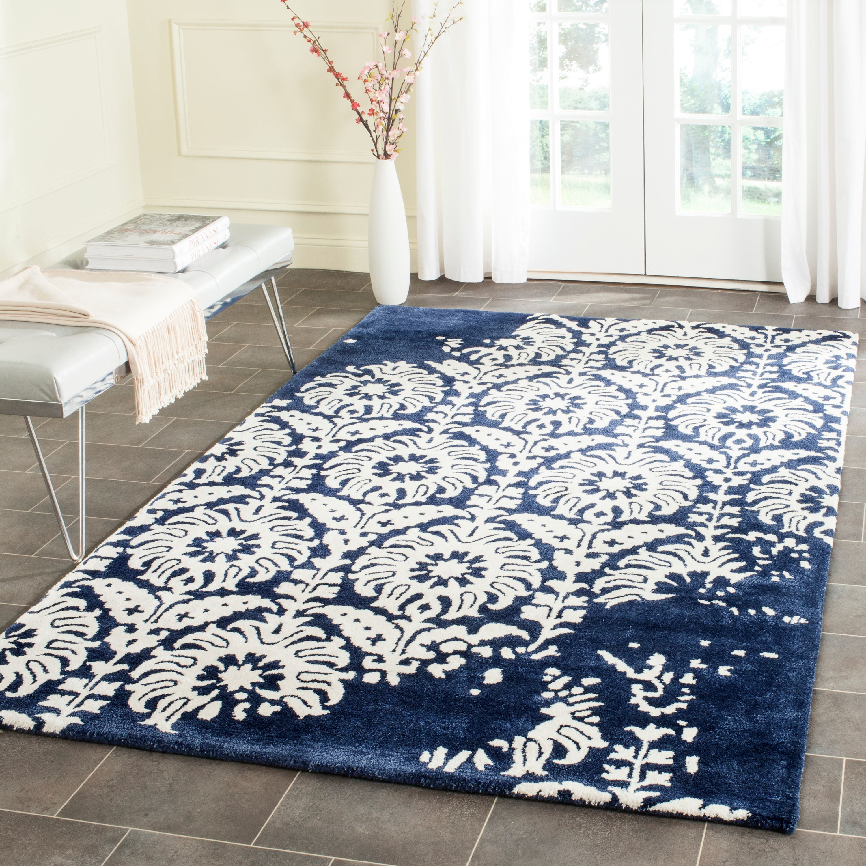 Navy and Ivory Hand-Tufted Wool Square Rug