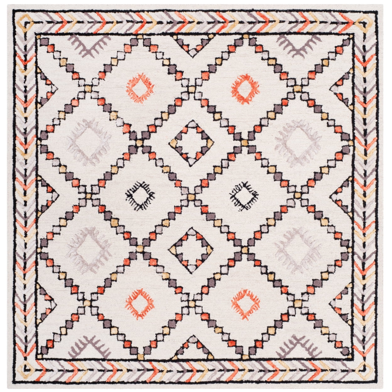 Ivory and Multi Wool Viscose Handmade Square Area Rug