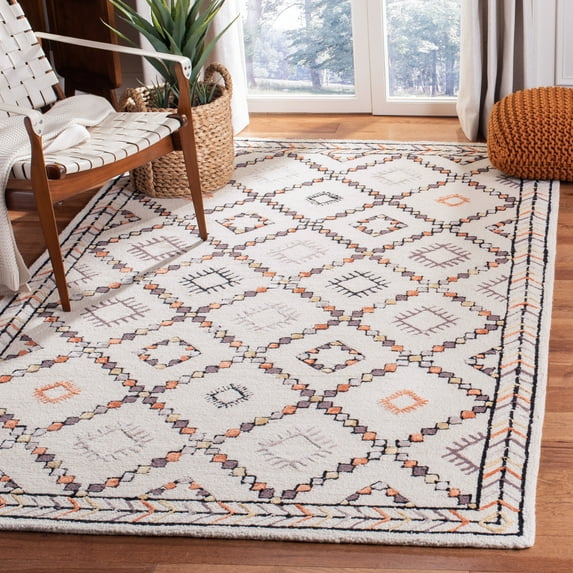 SAFAVIEH Bellagio Jimney Southwestern Wool Area Rug, Ivory/Multi, 5' x 5' Square
