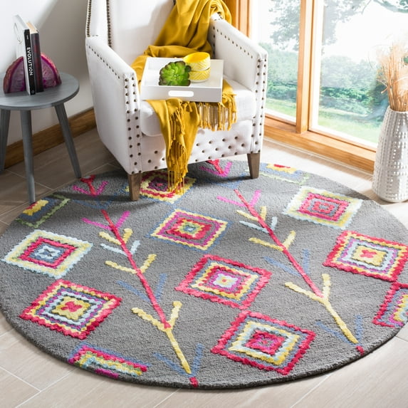 SAFAVIEH Bellagio Hester Geometric Wool Area Rug, Dark Gray/Multi, 5' x 5' Round