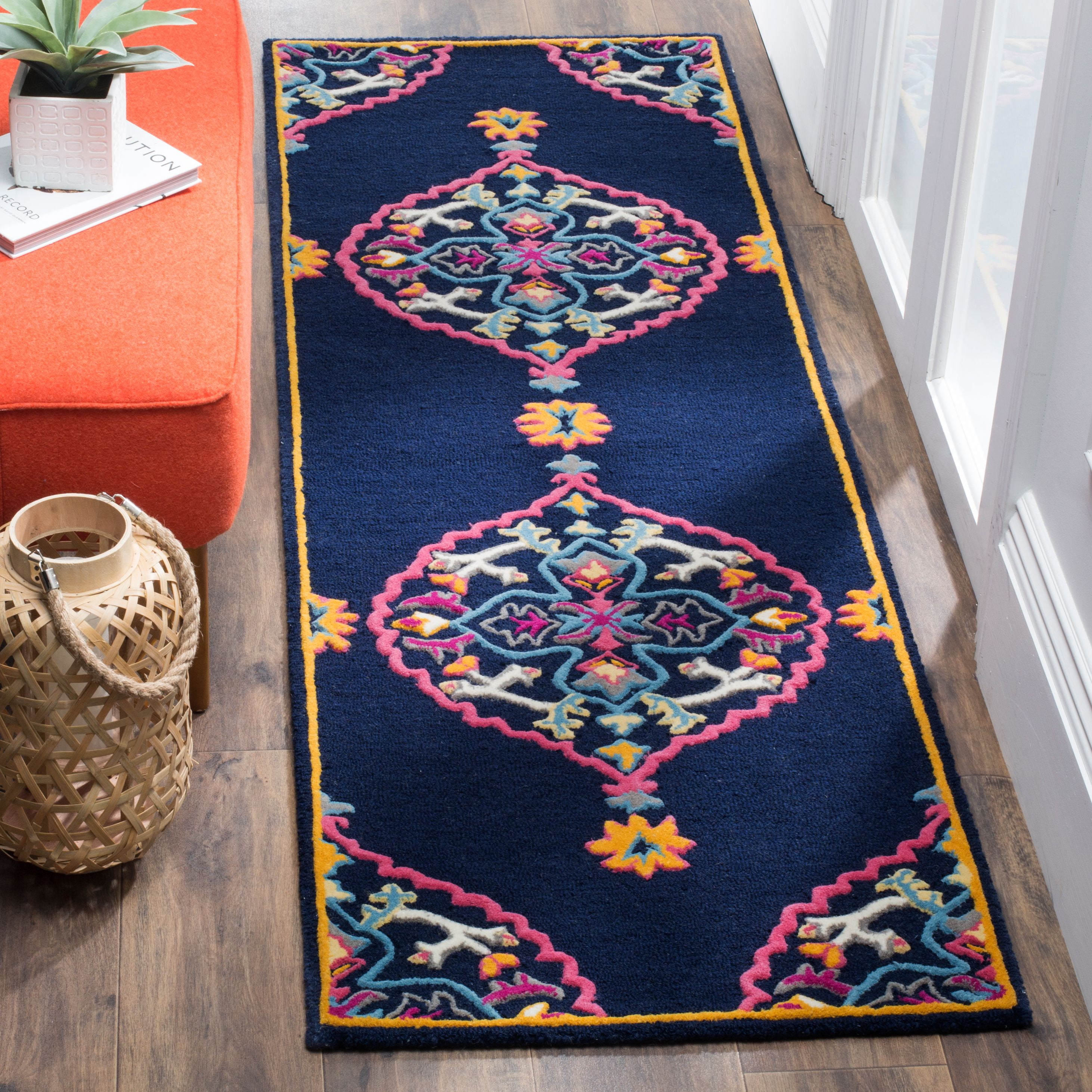 Handmade Navy Blue Multi Wool Tufted Area Rug, 2'3" x 7'