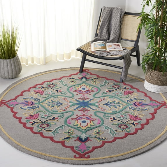 SAFAVIEH Bellagio Rio Floral Wool Area Rug, Dark Gray/Multi, 7' x 7' Round