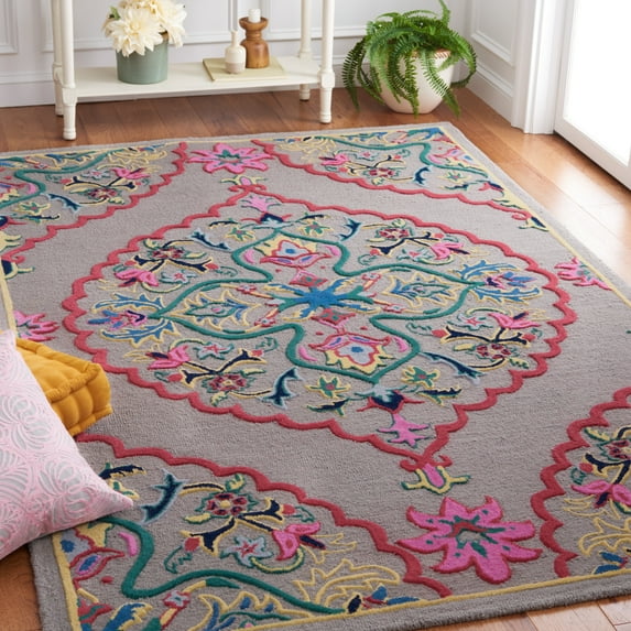 SAFAVIEH Bellagio Rio Floral Wool Area Rug, Dark Gray/Multi, 5' x 5' Square