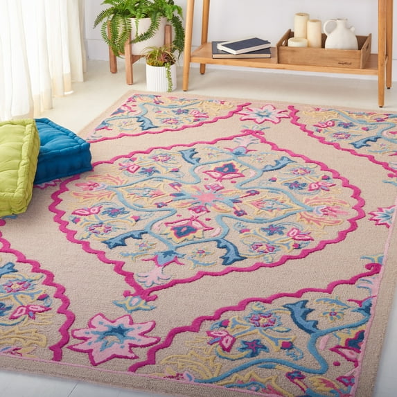SAFAVIEH Bellagio Rio Floral Wool Area Rug, Light Pink/Multi, 5' x 5' Square