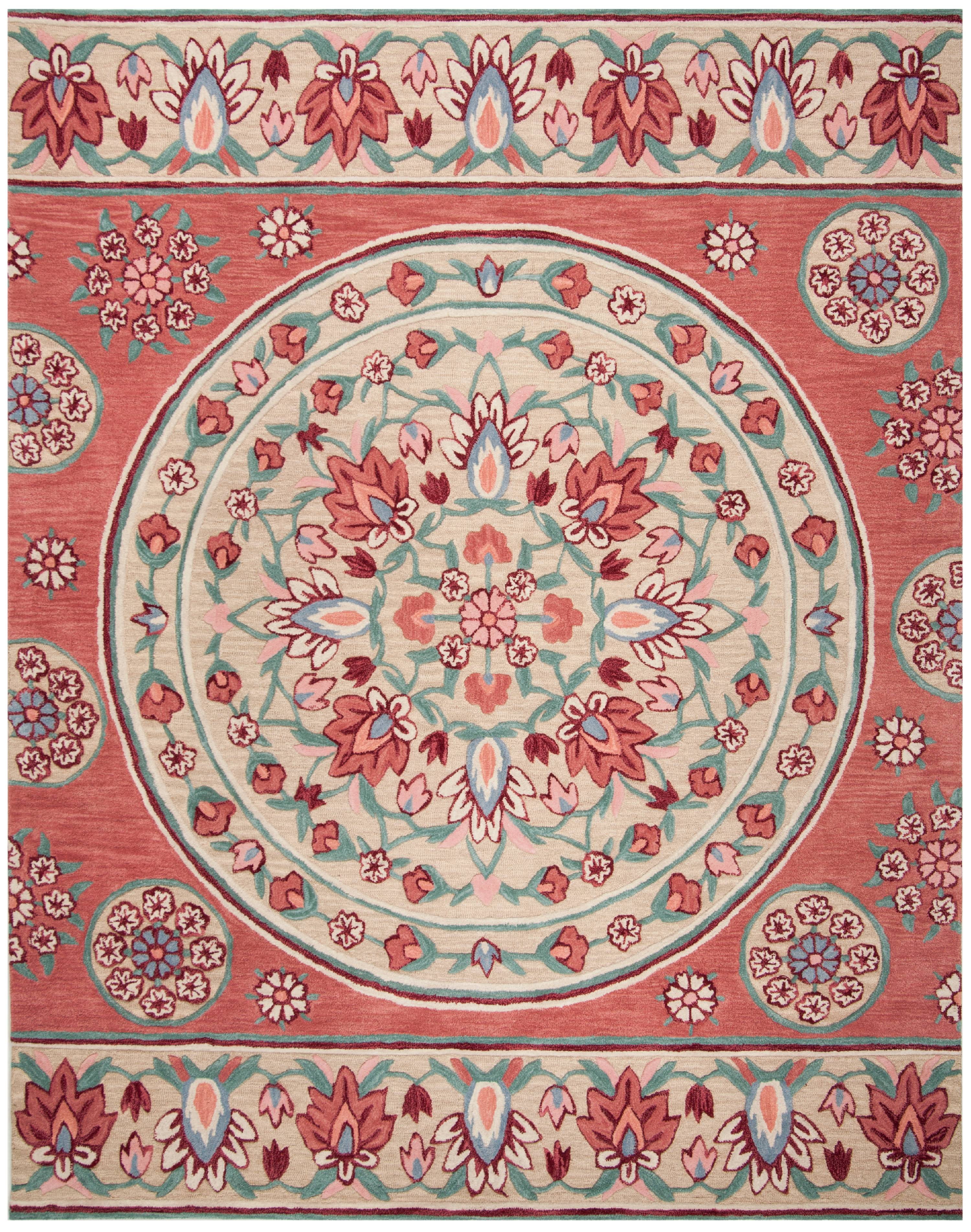 Handmade Tufted Wool Round Rug in Red/Beige - 8' x 10'