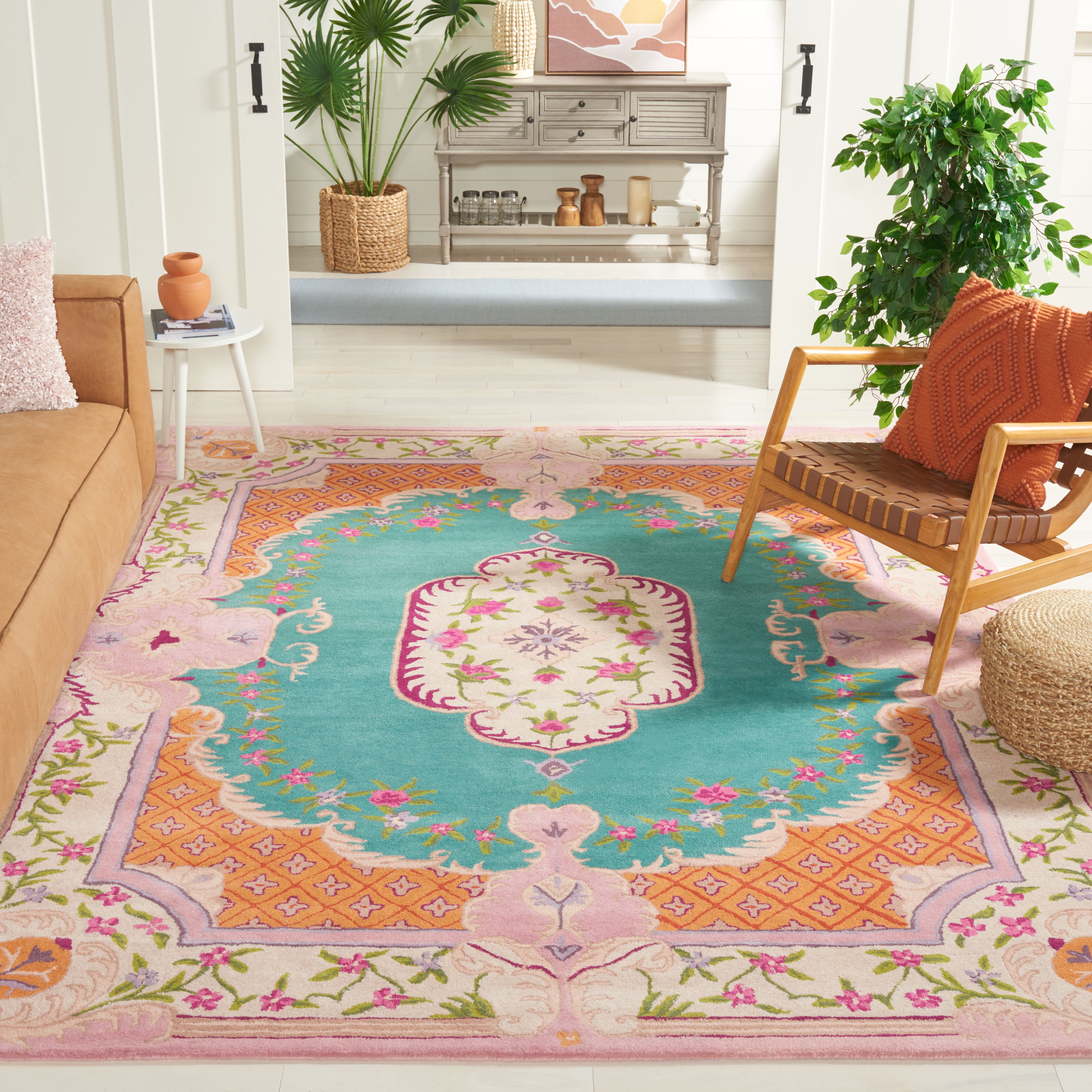 SAFAVIEH Bellagio Chandler Floral Wool Area Rug, Blue/Pink, 9' x 9' Square
