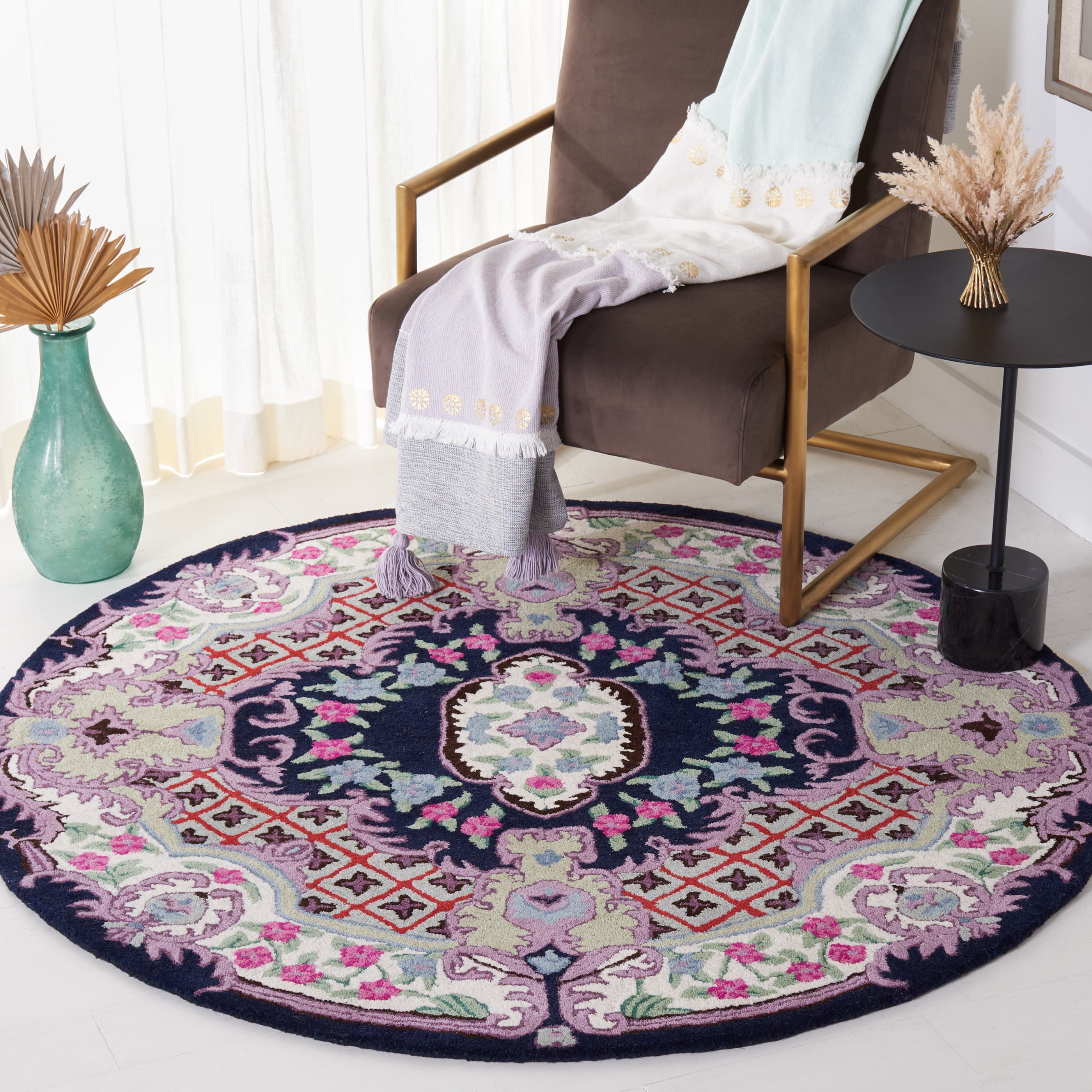 SAFAVIEH Bellagio Chandler Floral Wool Area Rug, Navy/Ivory, 5' x 5' Round