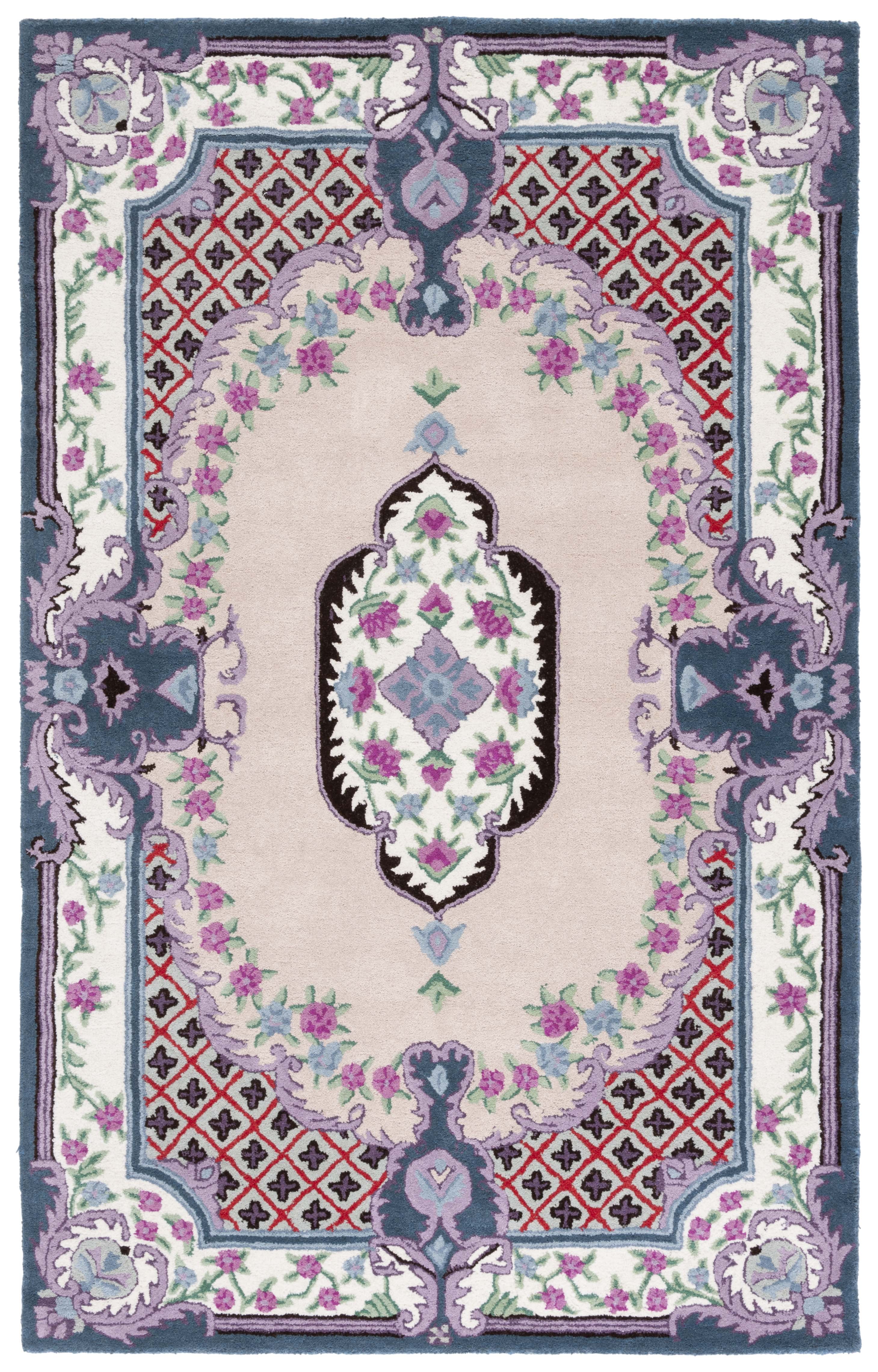 Luxembourg Ivory and Pink Floral Handmade Wool Area Rug 5' x 8'